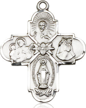 Extel Large Pewter Traditional Catholic 4-Way Cross Cruciform Pendant with 24" chain with Miraculous Medal, St. Joseph, St. Christopher and Sacred Heart, Made in USA