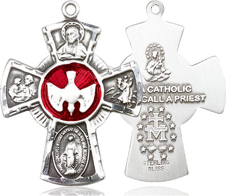 Extel Large Pewter Traditional Catholic 5-Way Cross Cruciform Pendant with 24" chain with Miraculous Medal, St. Joseph, St. Christopher and Sacred Heart, Made in USA