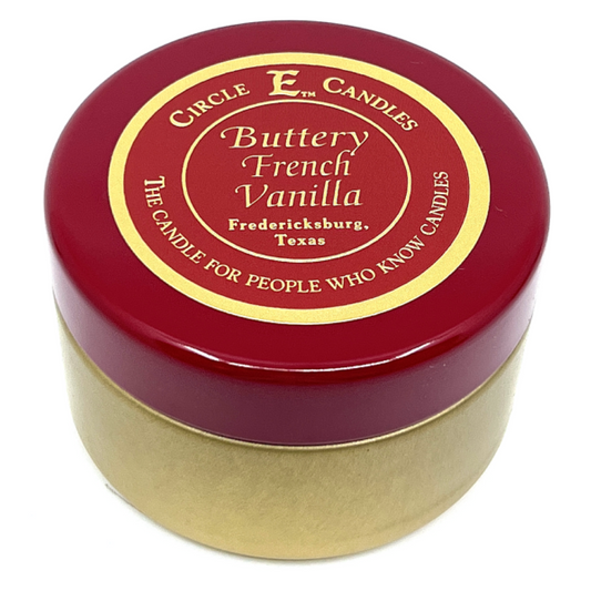 Circle E Candles, Buttery French Vanilla Scent, Extra Small Size Travel Tin Candle, 4oz, 1 Wick
