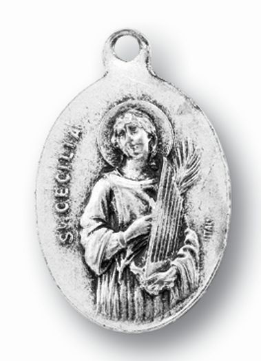 Small Oval Saint Cecilia - Pray for Us Silver Oxidized Medal Charm, Pack of 5 Medals