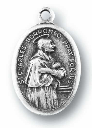 Small Oval Saint Charles Borromeo - Pray for Us Silver Oxidized Medal Charm, Pack of 5 Medals