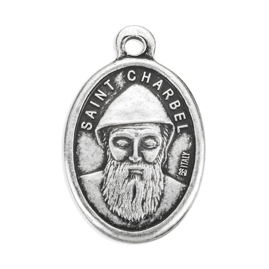 Small Oval Saint Charbel - Pray for Us Silver Oxidized Medal Charm, Pack of 5 Medals