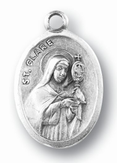 Small Oval Saint Clare - Pray for Us Silver Oxidized Medal Charm, Pack of 5 Medals