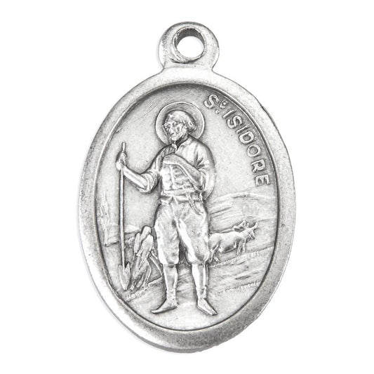 Small Oval St. Isidore - Pray for Us Silver Oxidized Medal Charm, Pack of 5 Medals