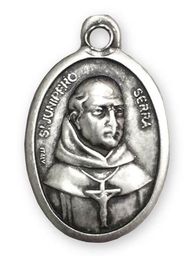 Small Oval Saint Junipero Serra - Pray for Us Silver Oxidized Medal Charm, Pack of 5 Medals