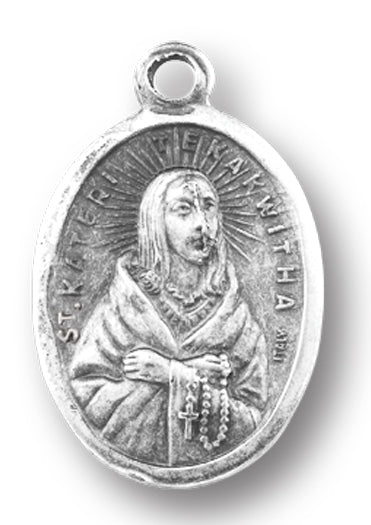 Small Oval Saint Kateri Tekakwitha - Pray for Us Silver Oxidized Medal Charm, Pack of 5 Medals