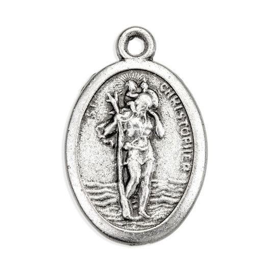 Small Oval Saint Christopher Transportation - Pray for Us Silver Oxidized Medal Charm, Pack of 5 Medals