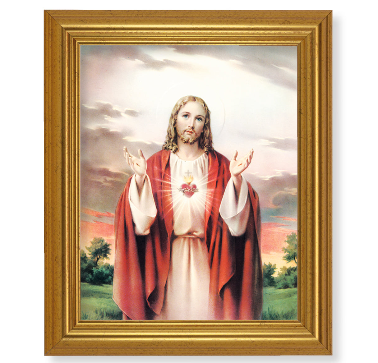 Sacred Heart of Jesus Picture Framed Wall Art Decor, Large, Antique Gold-Leaf Classic Frame