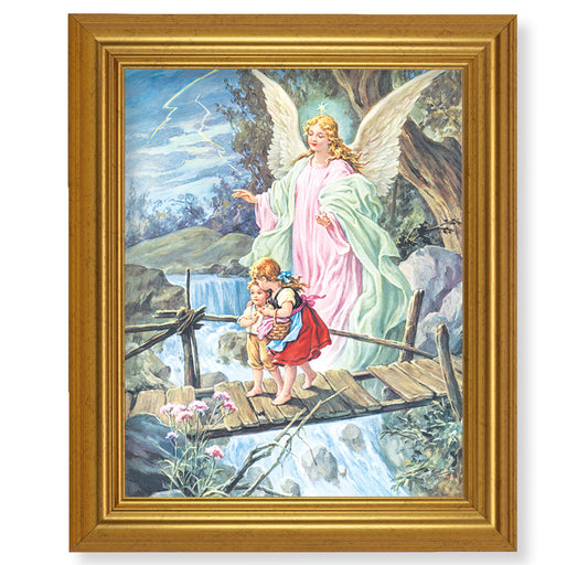 Guardian Angel Picture Framed Wall Art Decor Large Antique Gold-Leaf Classic Frame