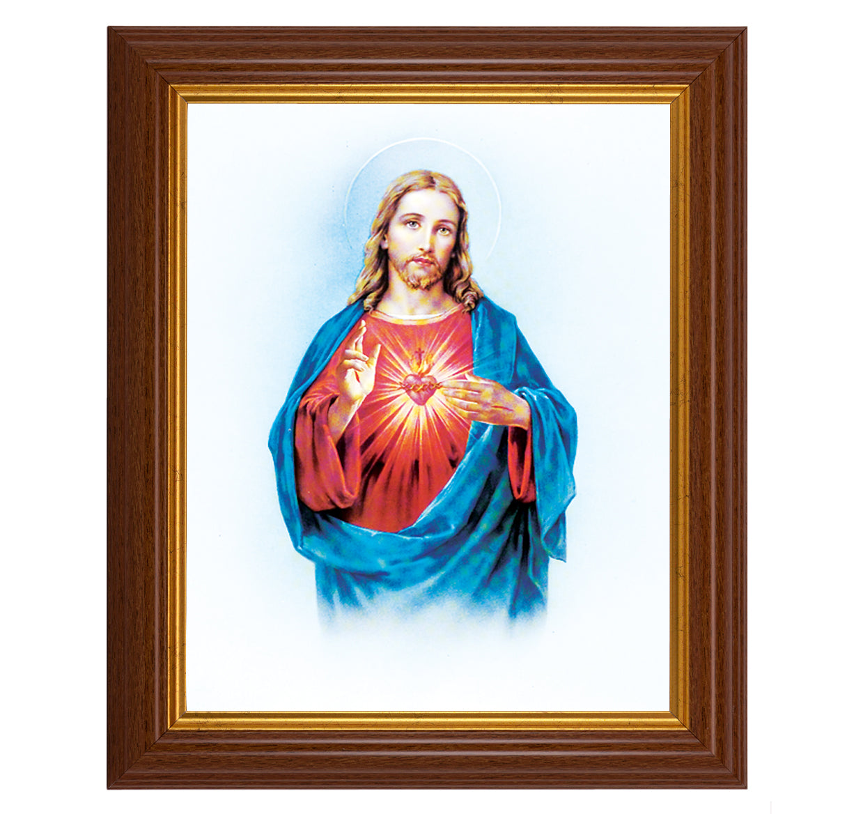 Sacred Heart of Jesus Picture Framed Wall Art Decor, Large, Traditional Dark Walnut Fluted Frame with Gold Beaded Lip