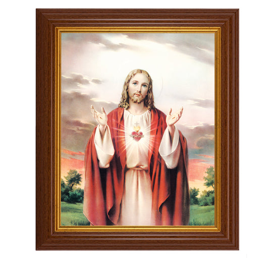 Sacred Heart of Jesus Picture Framed Wall Art Decor, Large, Traditional Dark Walnut Fluted Frame with Gold Beaded Lip