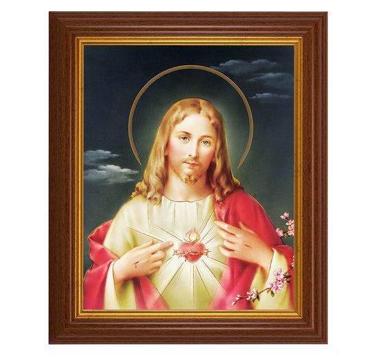 Sacred Heart of Jesus Picture Framed Wall Art Decor, Large, Traditional Dark Walnut Fluted Frame with Gold Beaded Lip