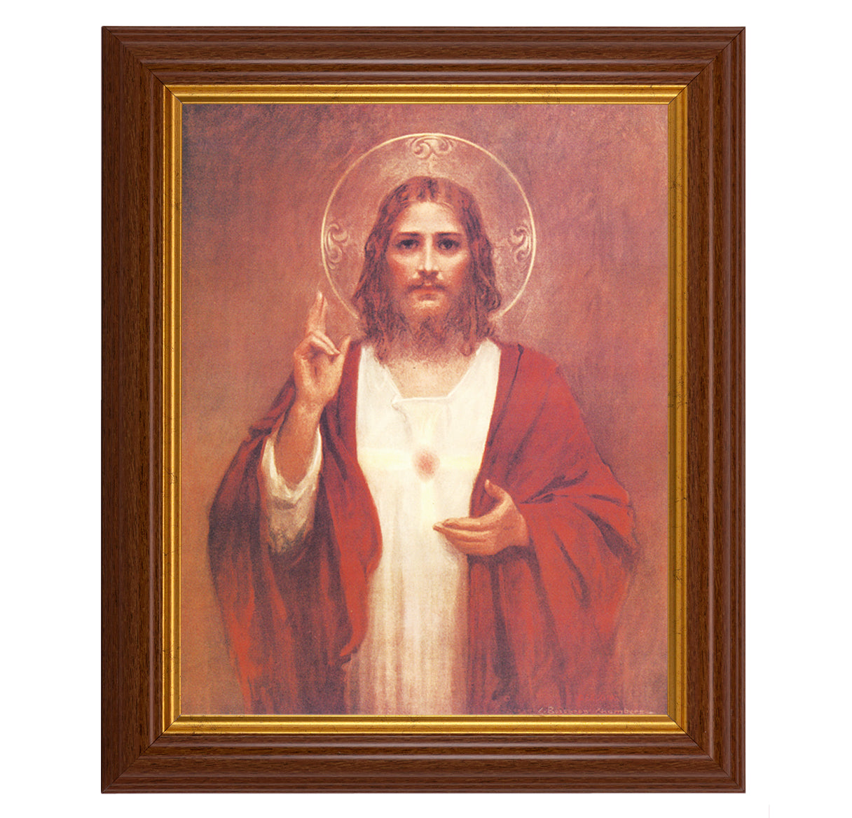 Sacred Heart of Jesus Picture Framed Wall Art Decor, Large, Traditional Dark Walnut Fluted Frame with Gold Beaded Lip