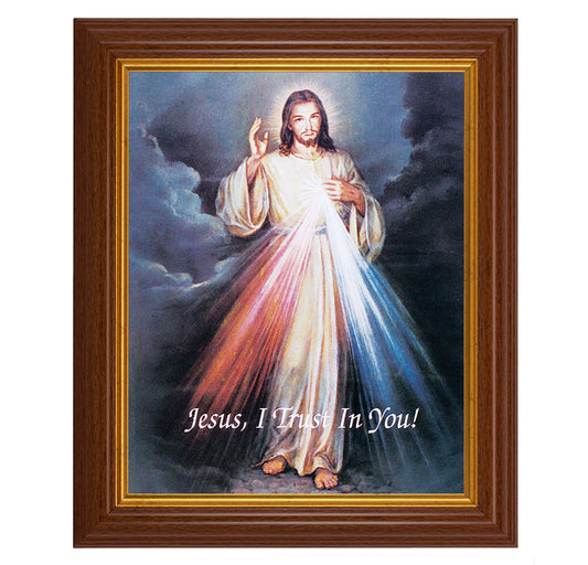 Divine Mercy Picture Framed Wall Art Decor, Large, Traditional Dark Walnut Fluted Frame with Gold Beaded Lip
