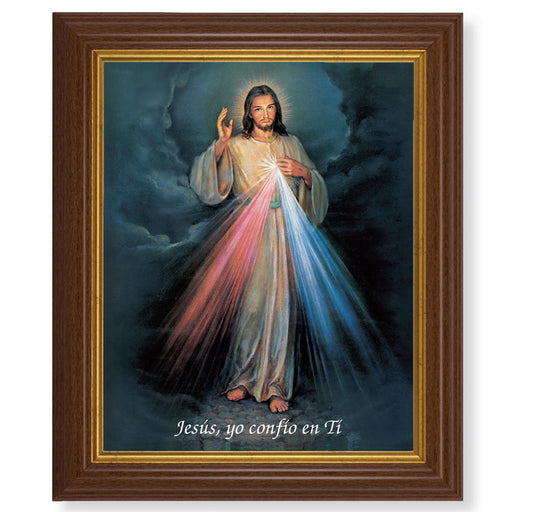 Divine Mercy (Spanish) Picture Framed Wall Art Decor, Large, Traditional Dark Walnut Fluted Frame with Gold Beaded Lip