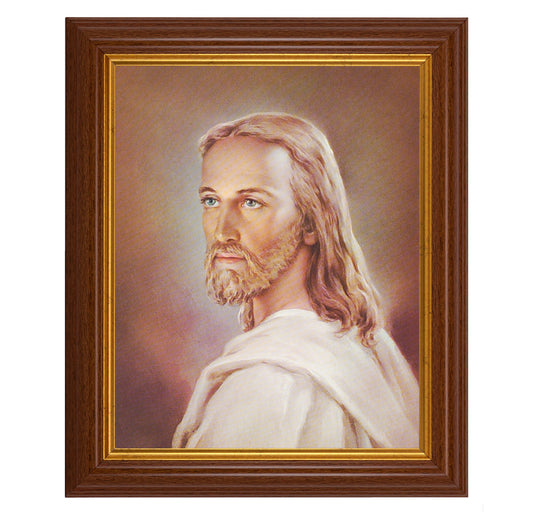 Head of Christ Picture Framed Wall Art Decor, Large, Traditional Dark Walnut Fluted Frame with Gold Beaded Lip