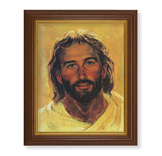 Head of Christ Picture Framed Wall Art Decor, Large, Traditional Dark Walnut Fluted Frame with Gold Beaded Lip