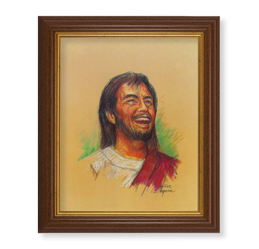 Laughing Jesus Picture Framed Wall Art Decor, Large, Traditional Dark Walnut Fluted Frame with Gold Beaded Lip