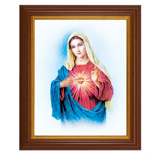 Immaculate Heart of Mary Picture Framed Wall Art Decor, Large, Traditional Dark Walnut Fluted Frame with Gold Beaded Lip