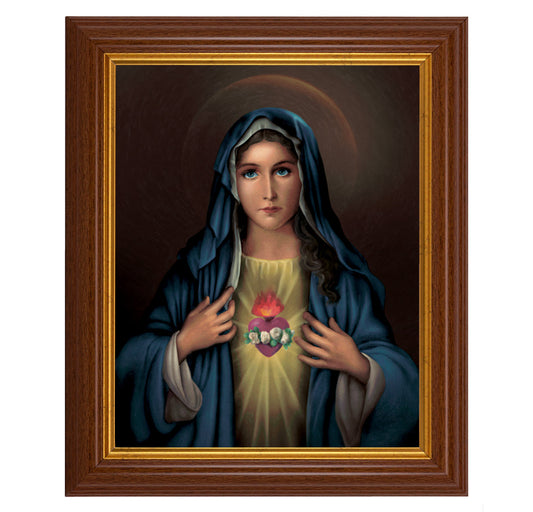 Immaculate Heart of Mary Picture Framed Wall Art Decor, Large, Traditional Dark Walnut Fluted Frame with Gold Beaded Lip