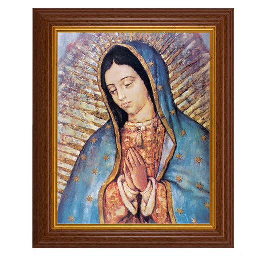 Our Lady of Guadalupe Picture Framed Wall Art Decor, Large, Traditional Dark Walnut Fluted Frame with Gold Beaded Lip