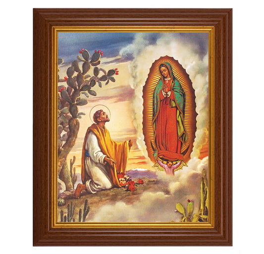 Our Lady of Guadalupe with Juan Diego Picture Framed Wall Art Decor, Large, Traditional Dark Walnut Fluted Frame with Gold Beaded Lip