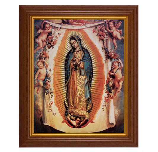 Our Lady of Guadalupe with Angels Picture Framed Wall Art Decor, Large, Traditional Dark Walnut Fluted Frame with Gold Beaded Lip