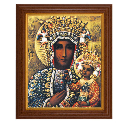 Our Lady of Czestochowa Picture Framed Wall Art Decor, Large, Traditional Dark Walnut Fluted Frame with Gold Beaded Lip