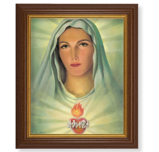 Immaculate Heart of Mary Picture Framed Wall Art Decor, Large, Traditional Dark Walnut Fluted Frame with Gold Beaded Lip