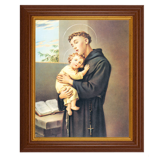 St. Anthony Picture Framed Wall Art Decor, Large, Traditional Dark Walnut Fluted Frame with Gold Beaded Lip