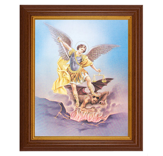 St. Michael Picture Framed Wall Art Decor, Large, Traditional Dark Walnut Fluted Frame with Gold Beaded Lip