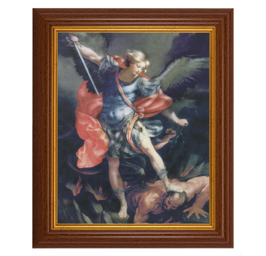 St. Michael Picture Framed Wall Art Decor, Large, Traditional Dark Walnut Fluted Frame with Gold Beaded Lip