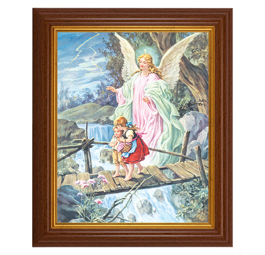 Guardian Angel Picture Framed Wall Art Decor, Large, Traditional Dark Walnut Fluted Frame with Gold Beaded Lip