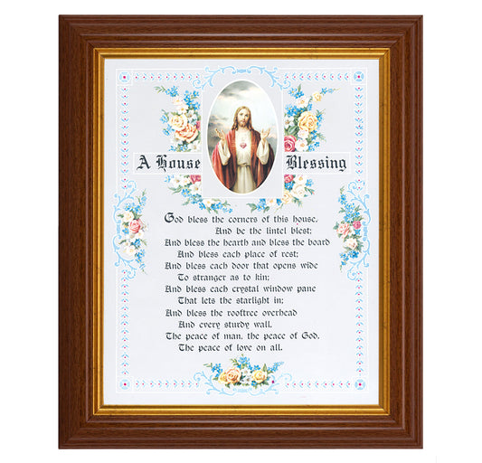 House Blessing - Sacred Heart of Jesus Picture Framed Wall Art Decor, Large, Traditional Dark Walnut Fluted Frame with Gold Beaded Lip