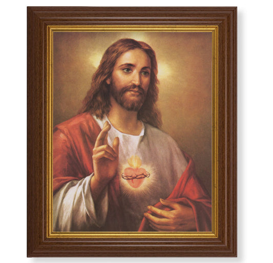 Sacred Heart of Jesus Picture Framed Wall Art Decor, Large, Traditional Dark Walnut Fluted Frame with Gold Beaded Lip