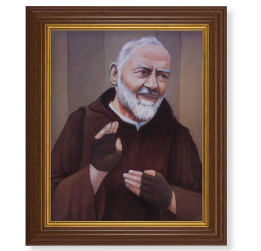 St. Pio Picture Framed Wall Art Decor, Large, Traditional Dark Walnut Fluted Frame with Gold Beaded Lip