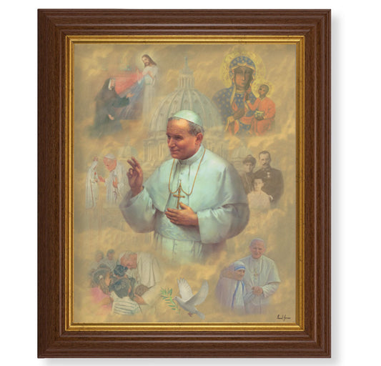 St. Pope John Paul II Picture Framed Wall Art Decor, Large, Traditional Dark Walnut Fluted Frame with Gold Beaded Lip