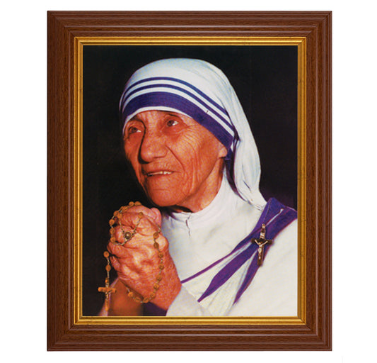 St. Teresa of Calcutta Picture Framed Wall Art Decor, Large, Traditional Dark Walnut Fluted Frame with Gold Beaded Lip