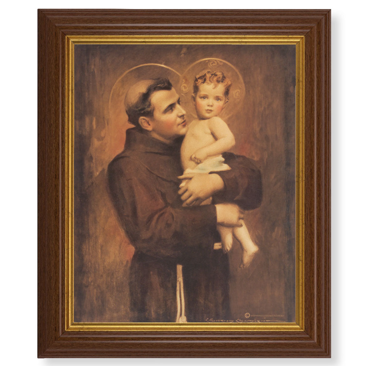 St. Anthony with Jesus Picture Framed Wall Art Decor, Large, Traditional Dark Walnut Fluted Frame with Gold Beaded Lip