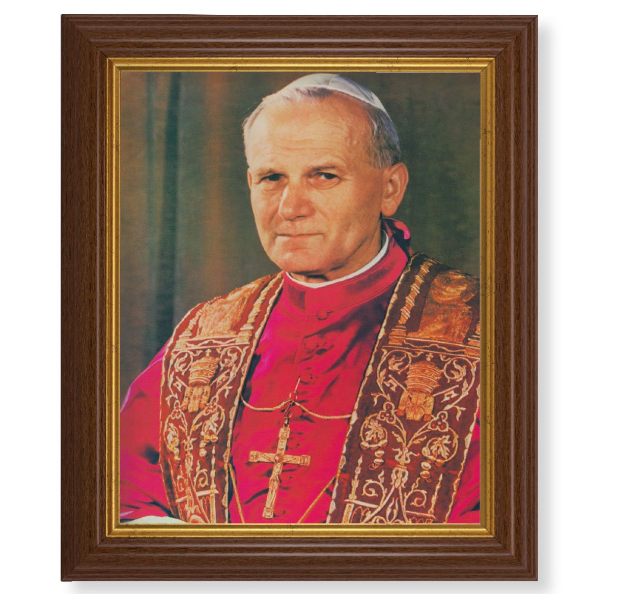 St. Pope John Paul II Picture Framed Wall Art Decor, Large, Traditional Dark Walnut Fluted Frame with Gold Beaded Lip