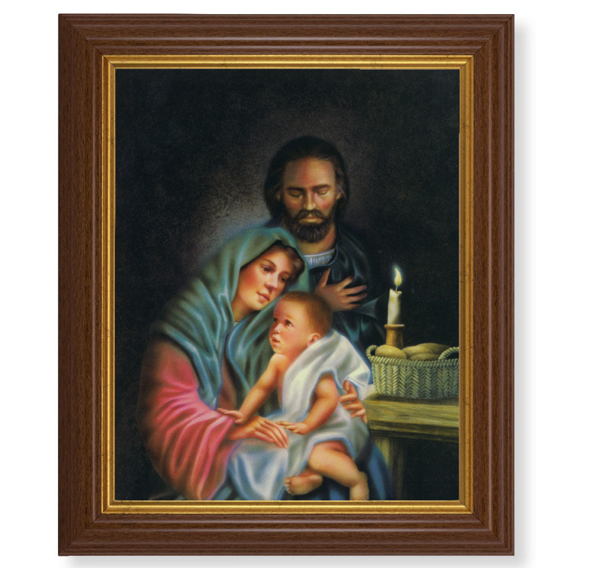 Holy Family Picture Framed Wall Art Decor, Large, Traditional Dark Walnut Fluted Frame with Gold Beaded Lip