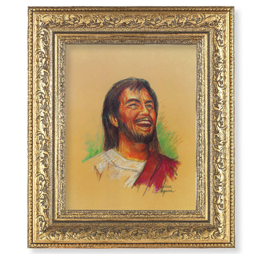 Laughing Jesus Picture Framed Wall Art Decor Large Gold-Leaf Acanthus-Leaf Carvings Ornate Frame