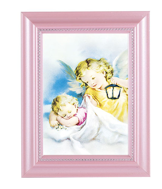Guardian Angel with Lantern Picture Framed Wall Art Decor Small, Pearlized Pink Frame