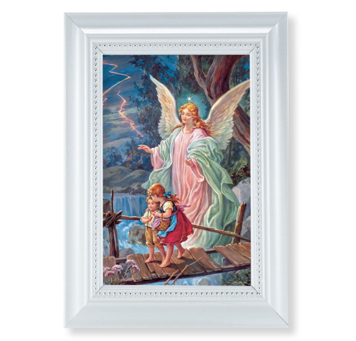 Guardian Angel Picture Framed Wall Art Decor Small Pearlized Fluted White Frame