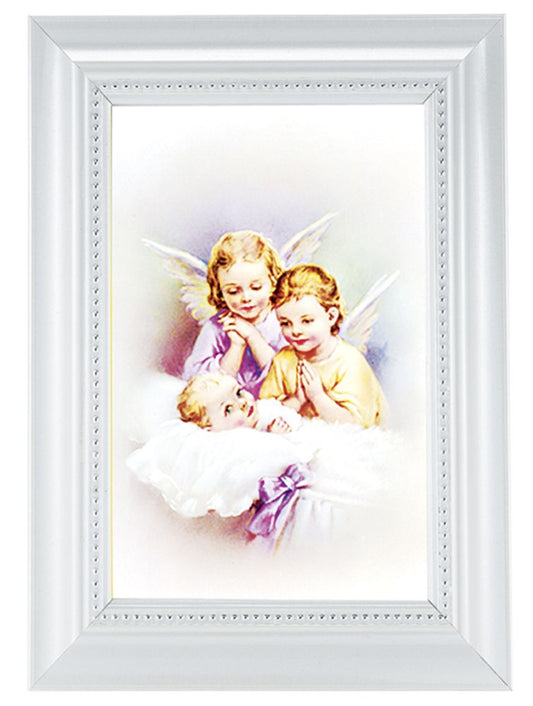 Guardian Angels Picture Framed Wall Art Decor Small Pearlized Fluted White Frame