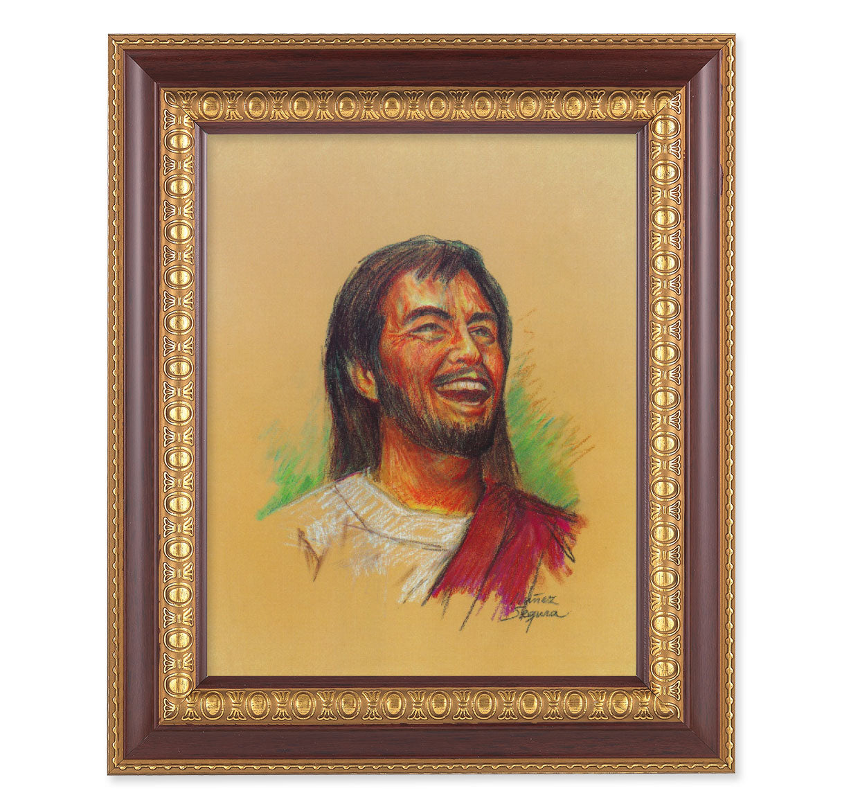 Laughing Jesus Picture Framed Wall Art Decor Large Dark Cherry
