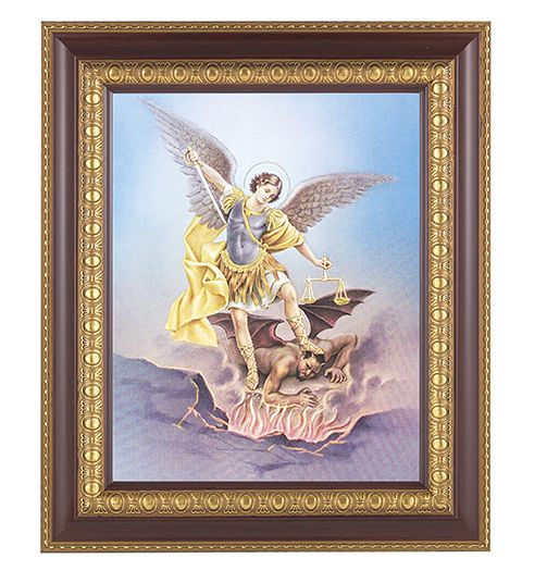 St. Michael Picture Framed Wall Art Decor, Large, Dark Cherry with Gold Egg and Dart Detailed Frame