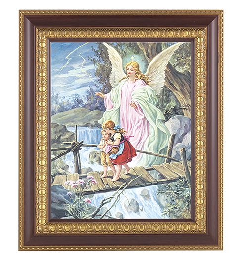 Guardian Angel Picture Framed Wall Art Decor Large Dark Cherry Frame