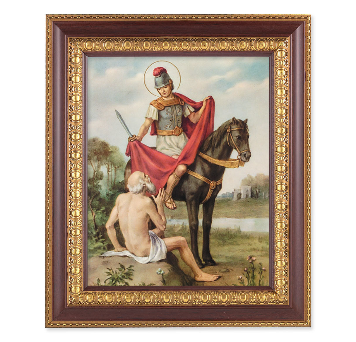 St. Martin of Tours Picture Framed Wall Art Decor Large, Dark Cherry with Gold Egg and Dart Detailed Frame