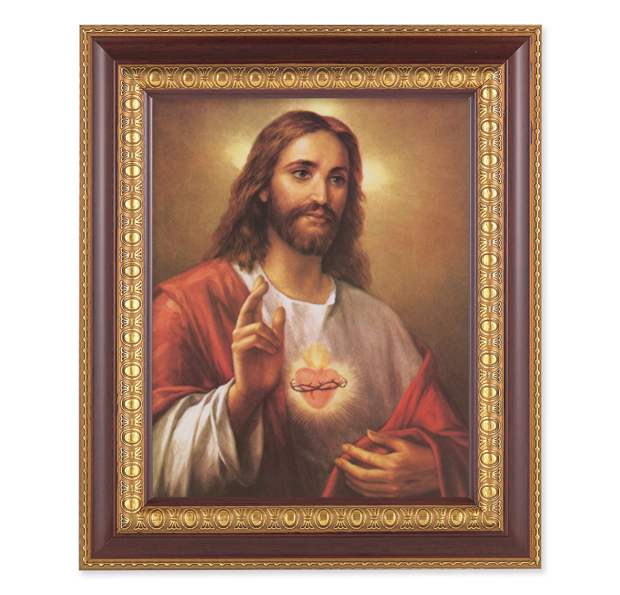 The Sacred Heart of Jesus (La Fuente) Picture Framed Wall Art Decor Large, Dark Cherry with Gold Egg and Dart Detailed Frame